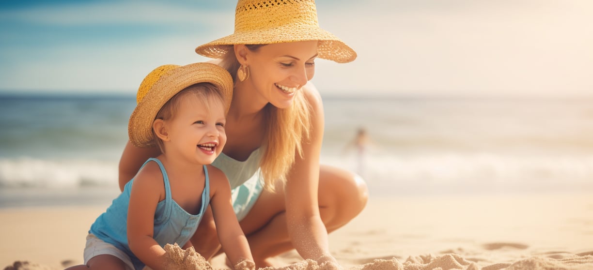 a mother and baby daughter playing on the sand