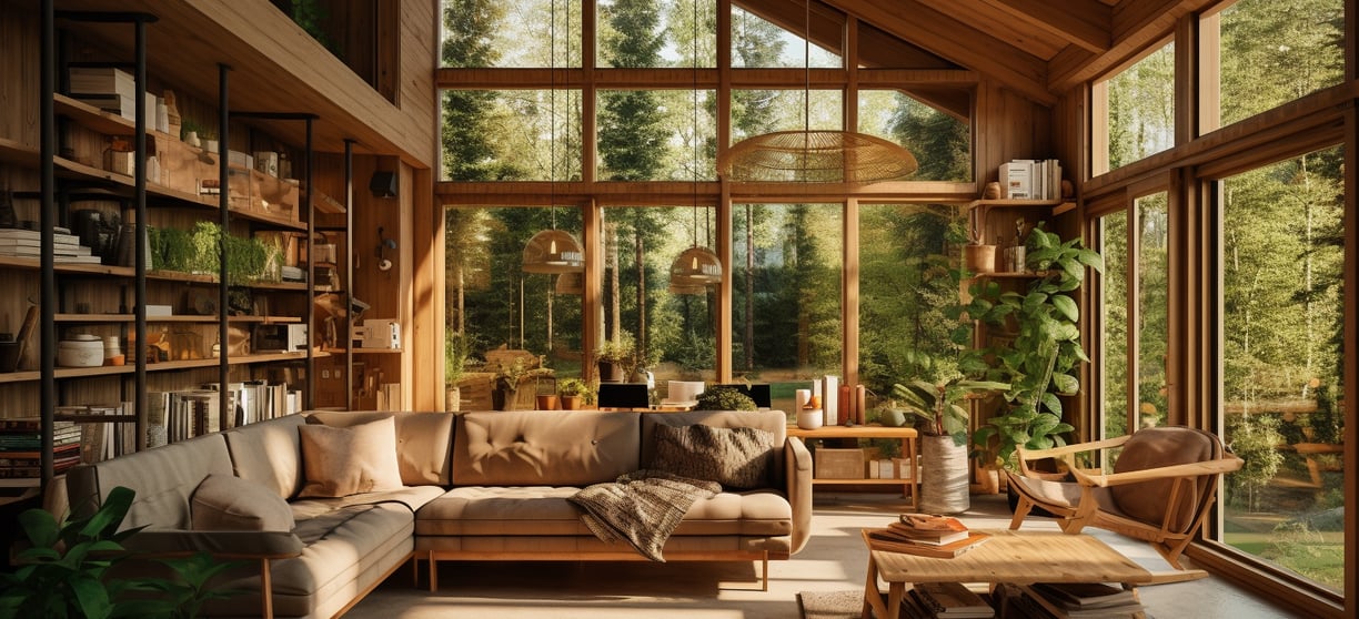 a wooden cabin with a living area with couches, book shelves, and indoor plants