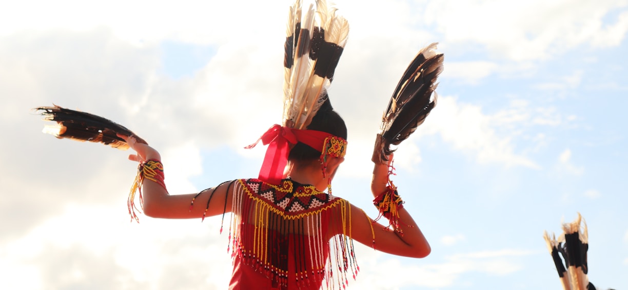 woman in red dress with black wings