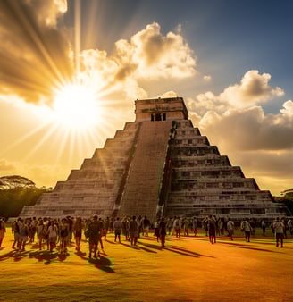 The sun rises over the pyramid at Chichen Itza in Mexico, casting a warm glow on the ancient structure. The sun rises over the pyramid at Chichen Itza in Mexico, casting a warm glow on the ancient structure.