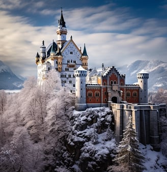 Neuschwanstein Castle covered in snow, surrounded by winter landscape, Germany. Neuschwanstein Castle covered in snow, surrounded by winter landscape, Germany.