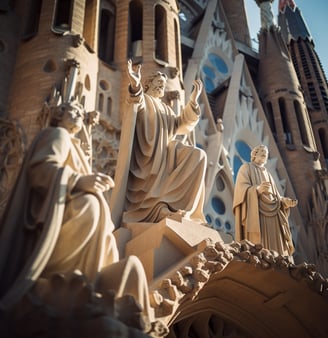 Statues of Jesus and religious figures in front of a cathedral, representing faith and spirituality. Statues of Jesus and religious figures in front of a cathedral, representing faith and spirituality.