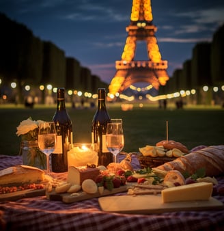 A picturesque picnic scene in Paris with the Eiffel Tower in the background, featuring a well-set picnic table. A picturesque picnic scene in Paris with the Eiffel Tower in the background, featuring a well-set picnic table.