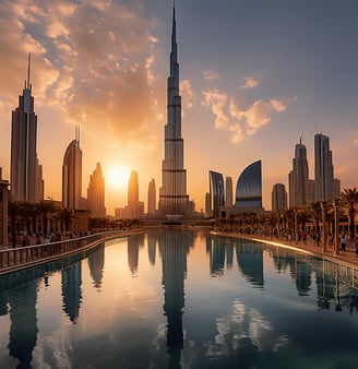 The sun rises over the Dubai skyline, illuminating the towering skyscrapers and reflecting off the glistening waters below. The sun rises over the Dubai skyline, illuminating the towering skyscrapers and reflecting off the glistening waters below.