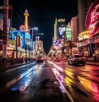 A city street at night with colorful neon signs glowing in the darkness. A city street at night with colorful neon signs glowing in the darkness.