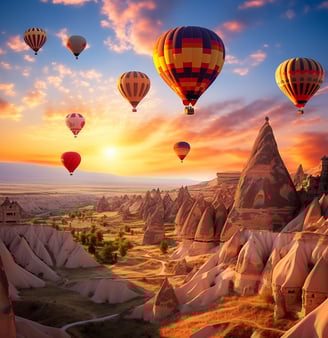 Hot air balloons soar over Cappadocia's mountains in Turkey, creating a colorful and picturesque scene. Hot air balloons soar over Cappadocia's mountains in Turkey, creating a colorful and picturesque scene.