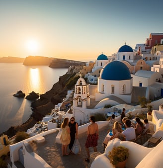 Tourists enjoying the beautiful sunset in Greece, with the orange sky reflecting on the calm sea. Tourists enjoying the beautiful sunset in Greece, with the orange sky reflecting on the calm sea.