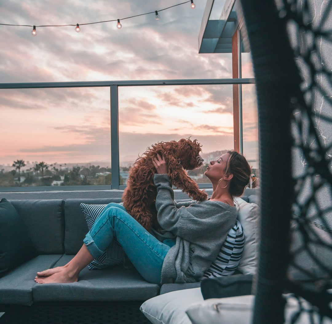 Woman holding dog while sitting on sofa Woman holding dog while sitting on sofa
