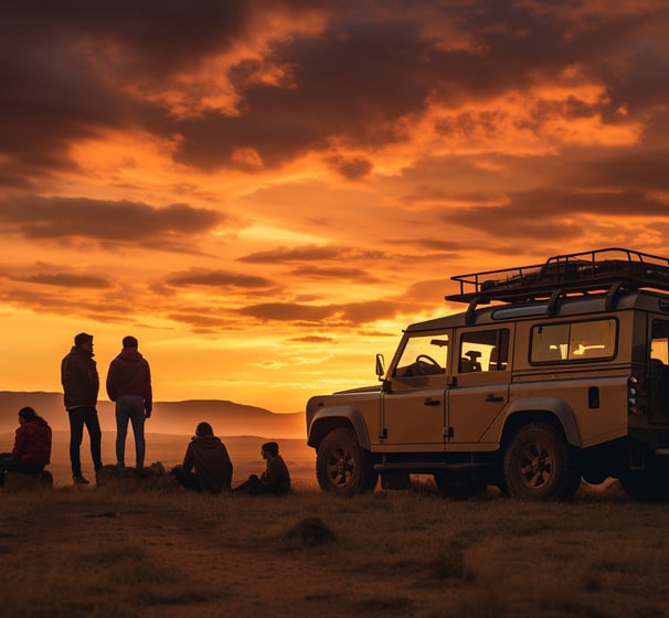 A Land Rover Defender 110 parked in a desert landscape at sunset, with the sky painted in warm hues of orange and pink.