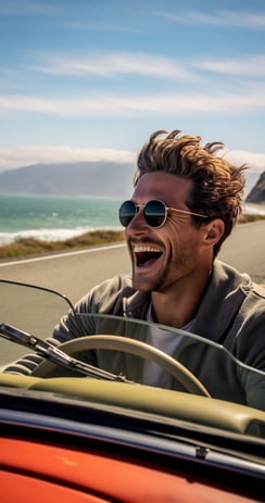A man in sunglasses driving a vintage car with the ocean in the background. A man in sunglasses driving a vintage car with the ocean in the background.