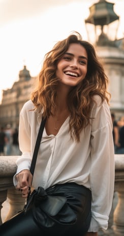 A smiling woman in a white shirt and leather pants. A smiling woman in a white shirt and leather pants.