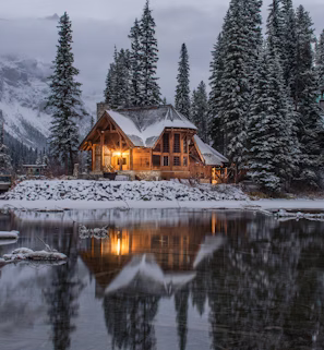 wooden house near pine trees and pond coated with snow during daytime wooden house near pine trees and pond coated with snow during daytime