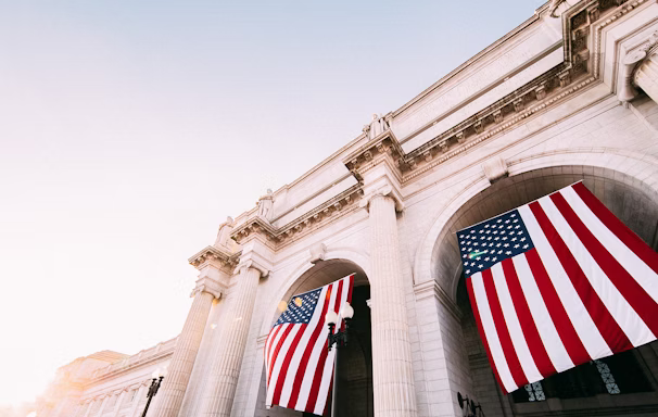 USA flag hanging in building