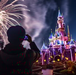 a man recording the fireworks in a theme park in Orlando, Florida