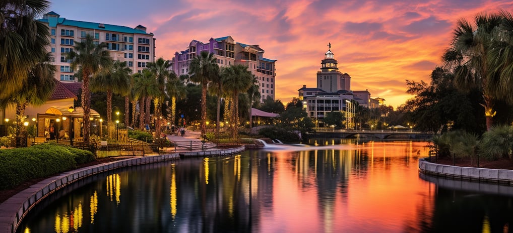 waterside park in Orlando, Florida at sunset
