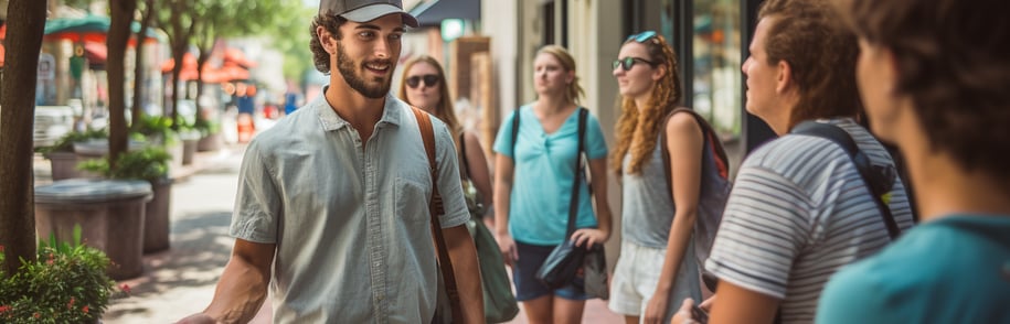 a tour guide leading a small group of visitors through the streets of Orlando, Florida