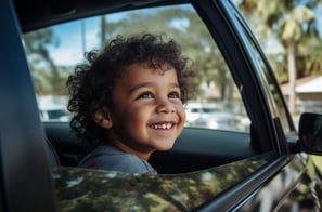 a child gazing out the car window at the passing sights