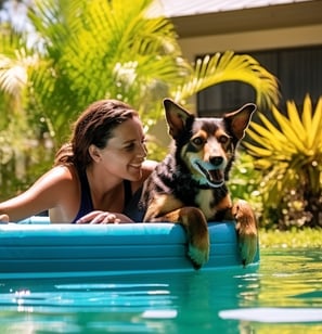 a woman and her pet dog floating in the backyard pool of their pet-friendly Orlando rental