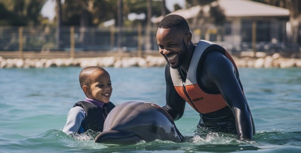 a father and his son enjoying a close encounter with a dolphin in Orlando, Florida