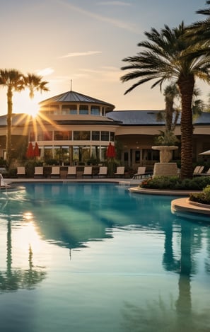 a view of a resort with a large pool