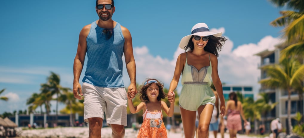 a family of three walking on the sandy shore of a tropical resort in Florida