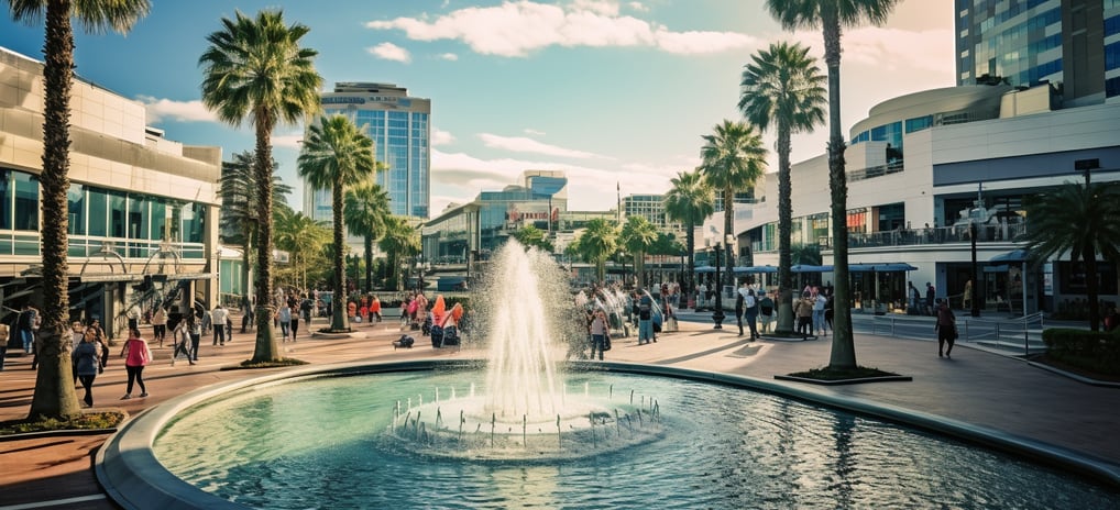 an open-air shopping complex with a central fountain