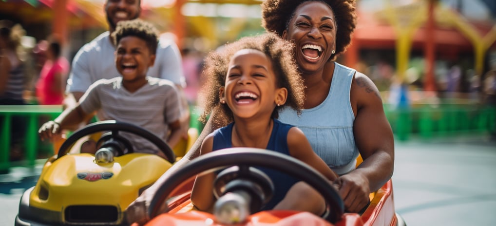a family enjoying a go-cart ride in a theme park in Orlando, Florida