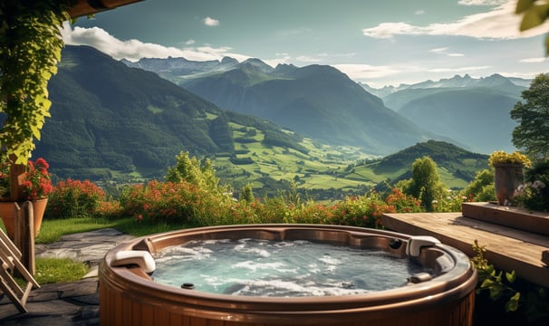 Outdoor hot tub of a barn-style mountain vacation rental in Canada 