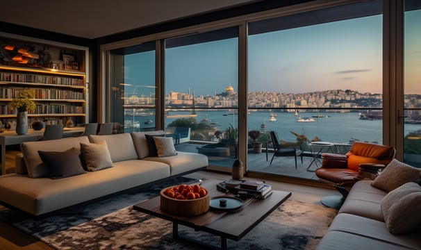 Interior of an apartment in Istanbul with water-facing views