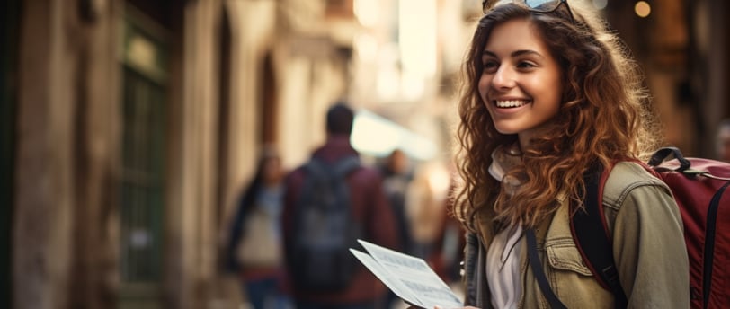 a woman in a backpack walking a street
