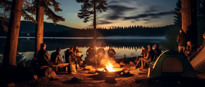 a group of people sitting around a campfire