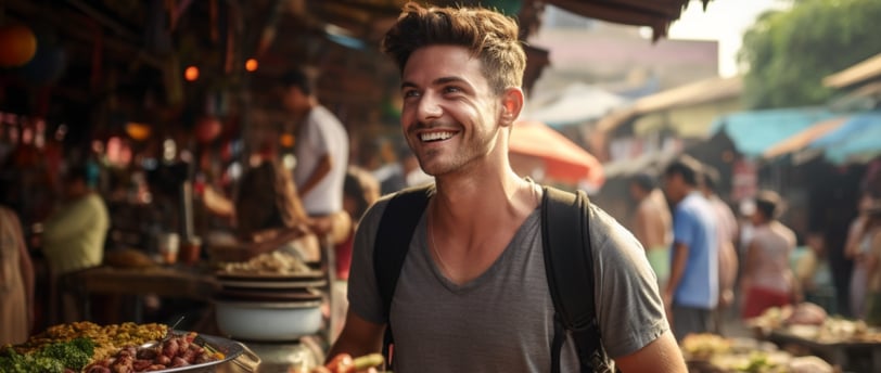 traveller savoring local food at street