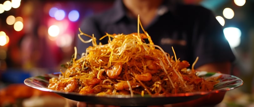 a man holding a plate of pad thai