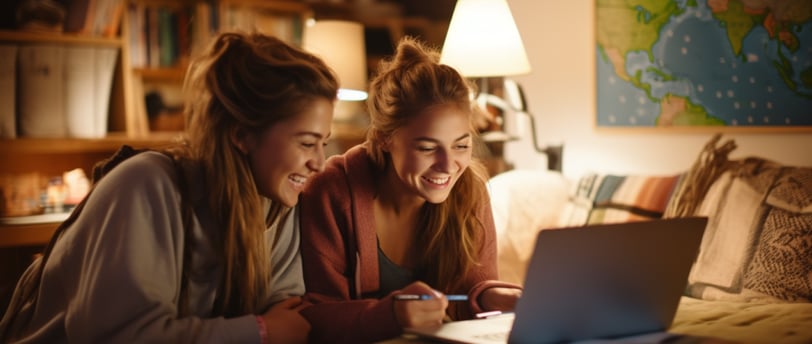 two women sitting on a couch looking at a laptop