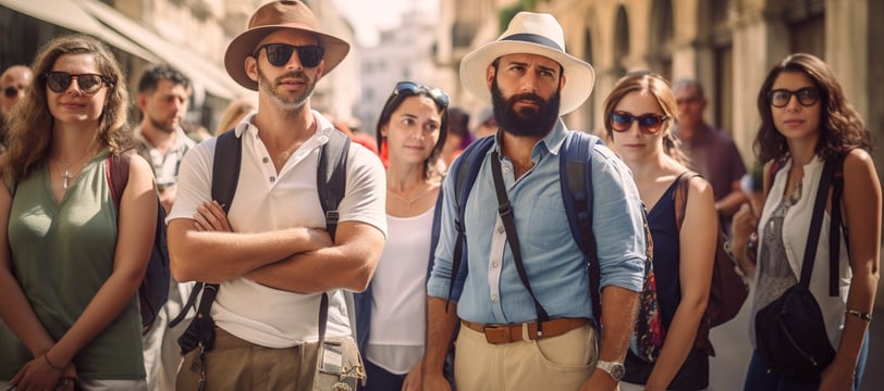 a group of people standing in front of a building