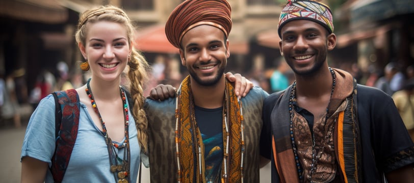 two men and a woman standing in a city
