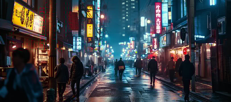 a city street scene with people walking down a street