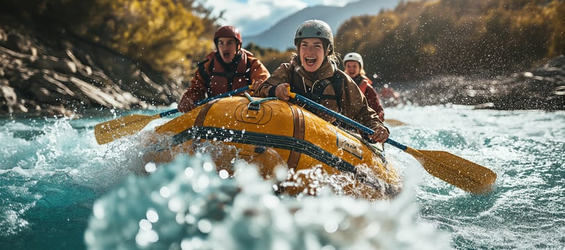 a group of people rafting down a river