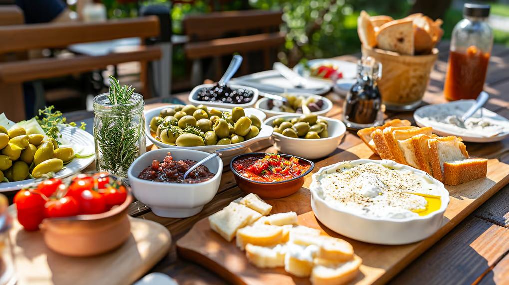 a table with a variety of turkish breakfast ingredients a table with a variety of turkish breakfast ingredients