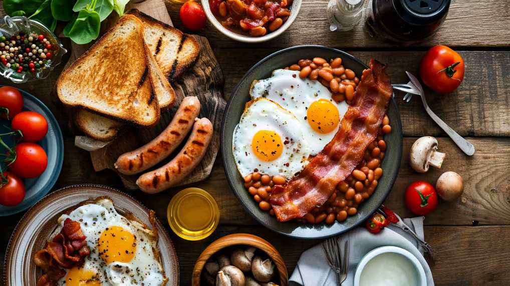 a table with eggs, toasted bread slices, beans, and sausages a table with eggs, toasted bread slices, beans, and sausages