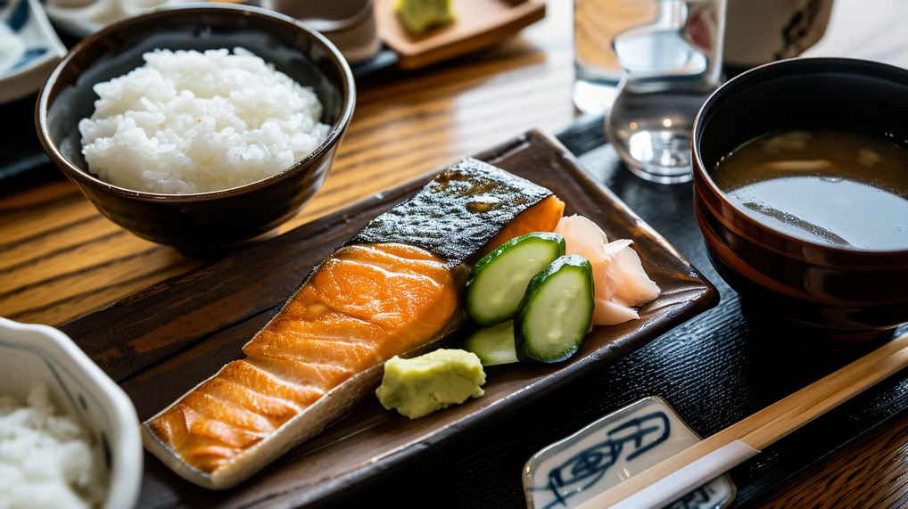 a small bowl of rice and a platter with fish and vegetables a small bowl of rice and a platter with fish and vegetables