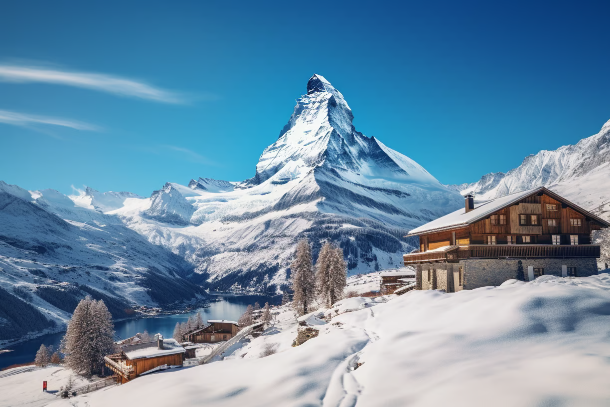 A serene mountain scene featuring a cozy cabin nestled against a snow-covered peak, showcasing nature's breathtaking beauty. A serene mountain scene featuring a cozy cabin nestled against a snow-covered peak, showcasing nature's breathtaking beauty.