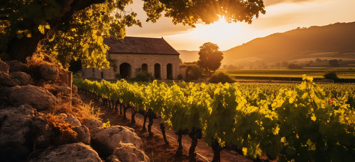 A house with a stone wall built along a vineyard A house with a stone wall built along a vineyard