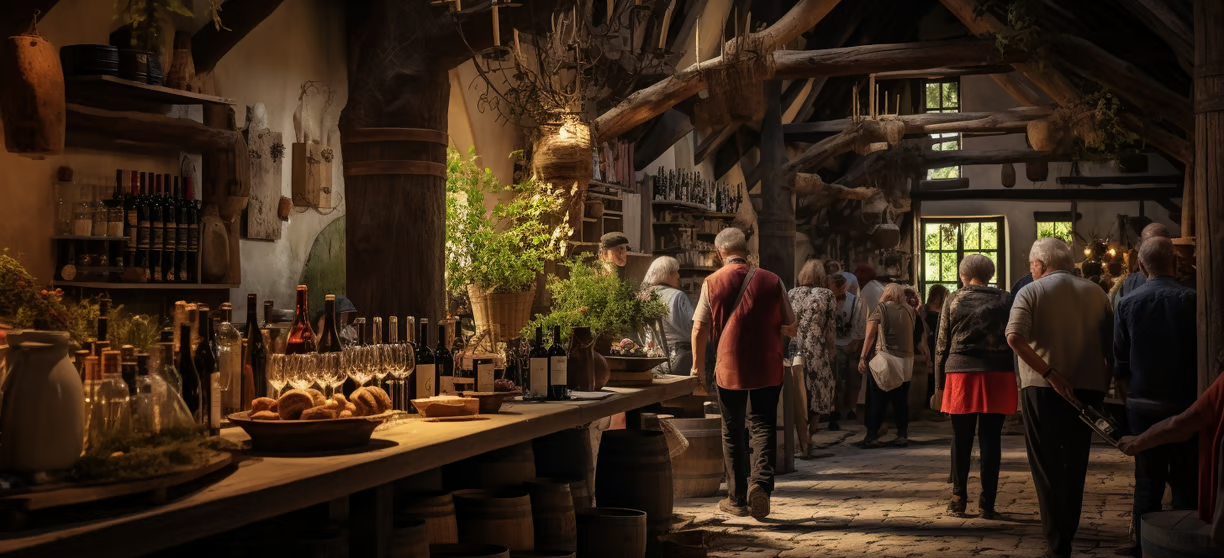 A group of people standing around a wine cellar A group of people standing around a wine cellar