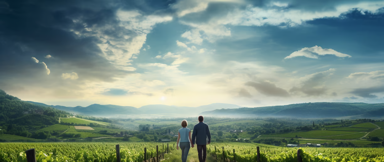 a couple holding hands in the middle of a rolling vineyard a couple holding hands in the middle of a rolling vineyard