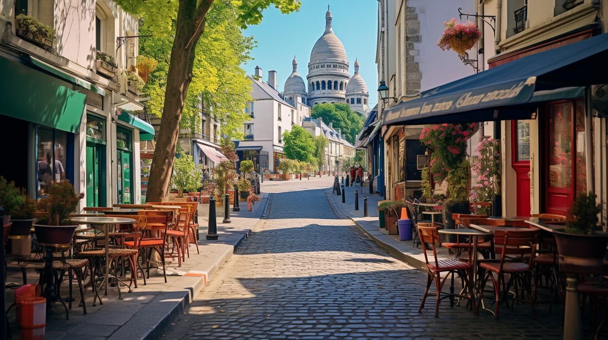 A street scene with tables and chairs and a church in the background A street scene with tables and chairs and a church in the background