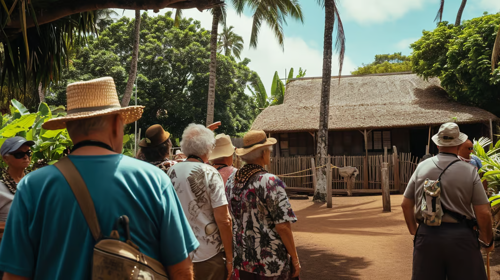 a group of people standing around a hut with a giraffe a group of people standing around a hut with a giraffe