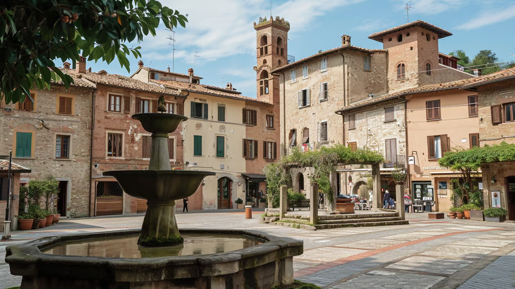 a fountain in a courtyard with a clock tower a fountain in a courtyard with a clock tower
