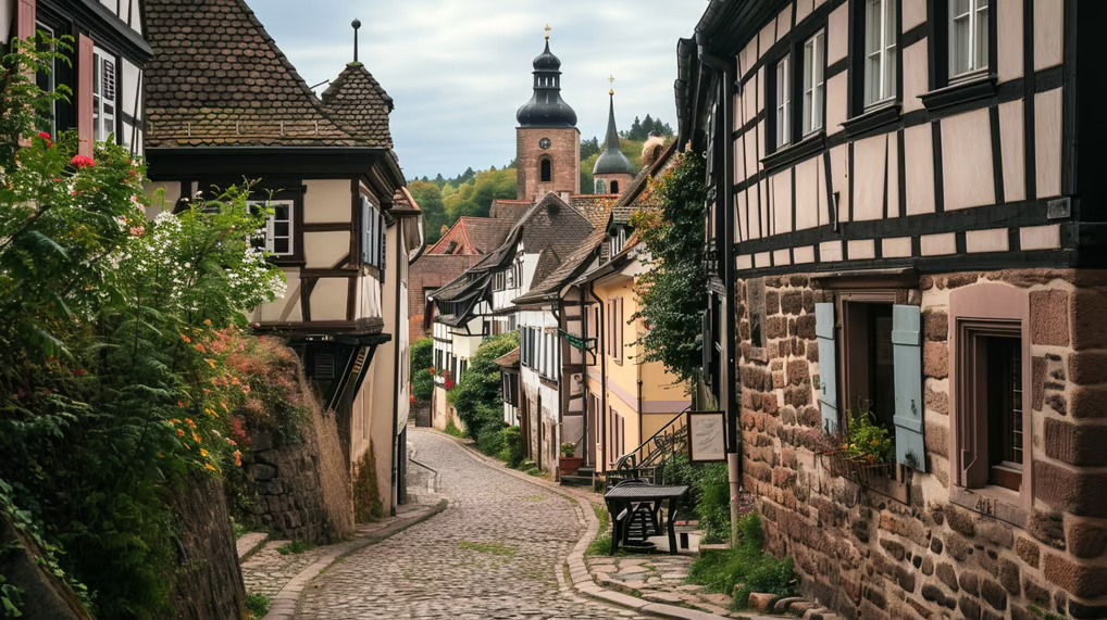 a cobblestone street with a bench and a bench a cobblestone street with a bench and a bench