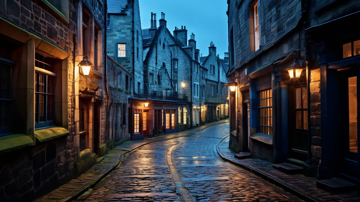 A cobblestone street in a city at night A cobblestone street in a city at night